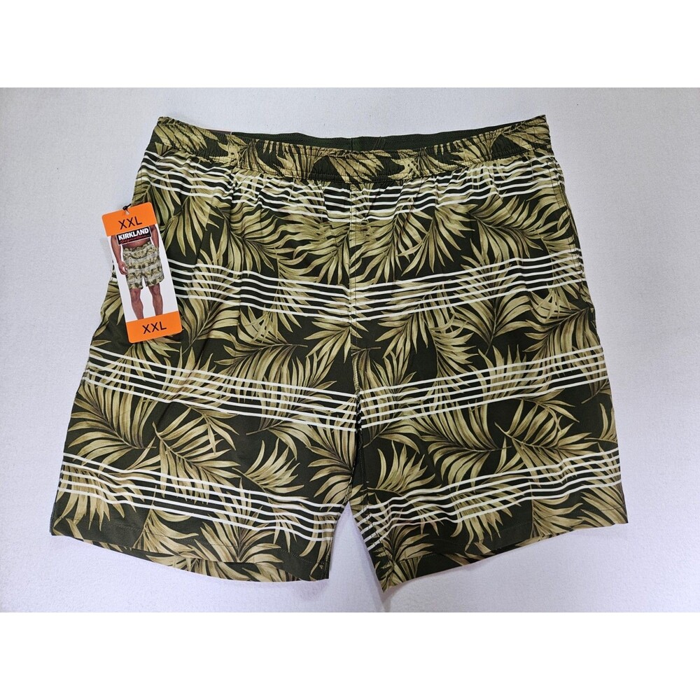 Men's Kirkland Signature Lined Stretch Swim Trunks Green/White Fern Size XXL NWT